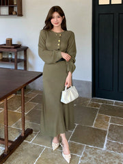 Shein DAZY 1pc Women's Solid Color Crew Neck Long Sleeve Button Half-Placket Sweater Dress