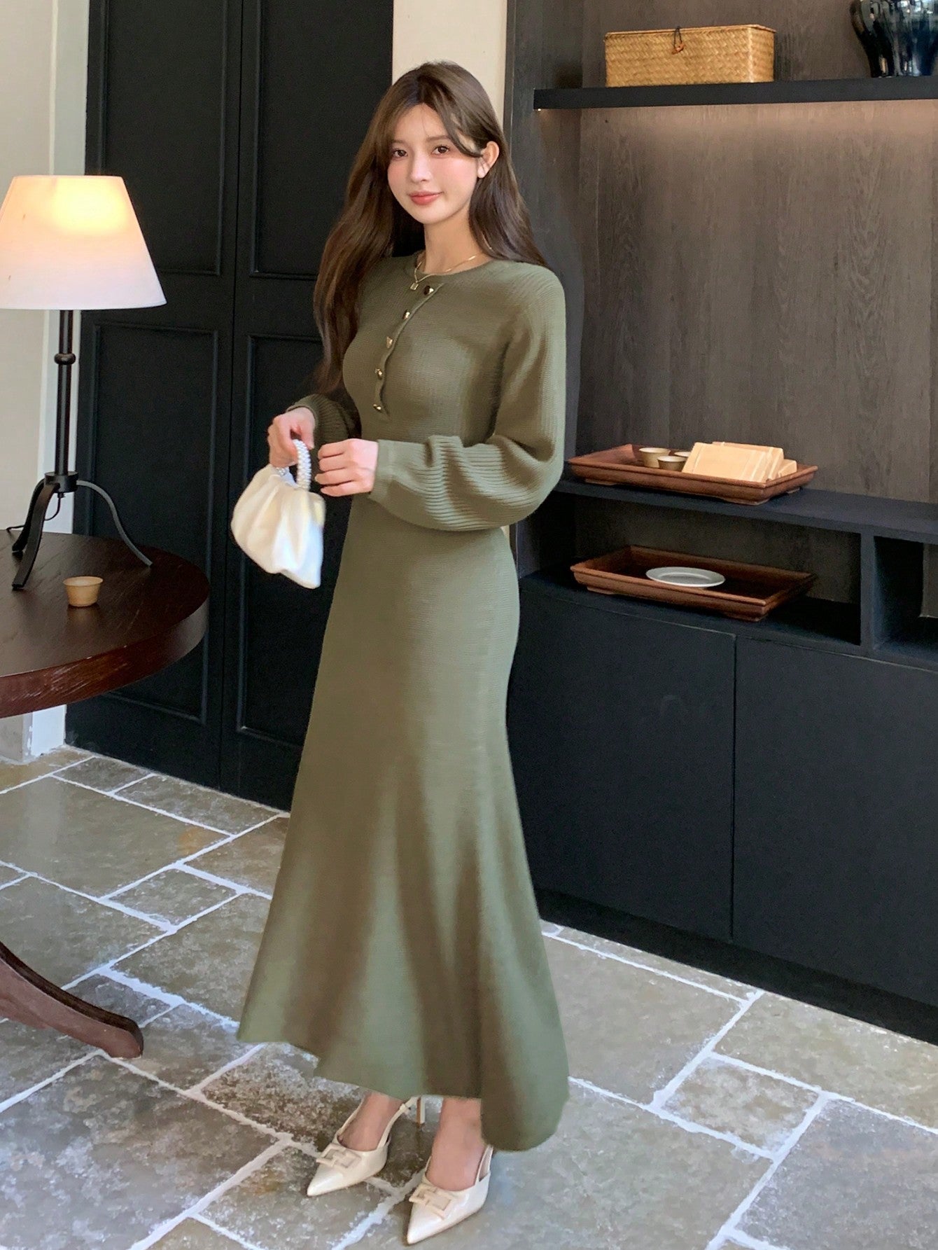 Shein DAZY 1pc Women's Solid Color Crew Neck Long Sleeve Button Half-Placket Sweater Dress