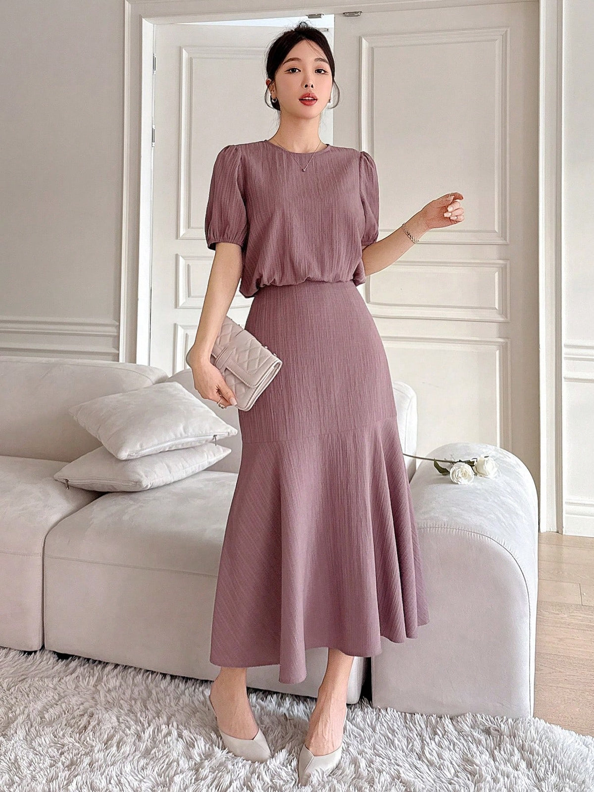 Shein DAZY 2pcs Women Solid Color Puff Sleeve Shirt And Skirt Set