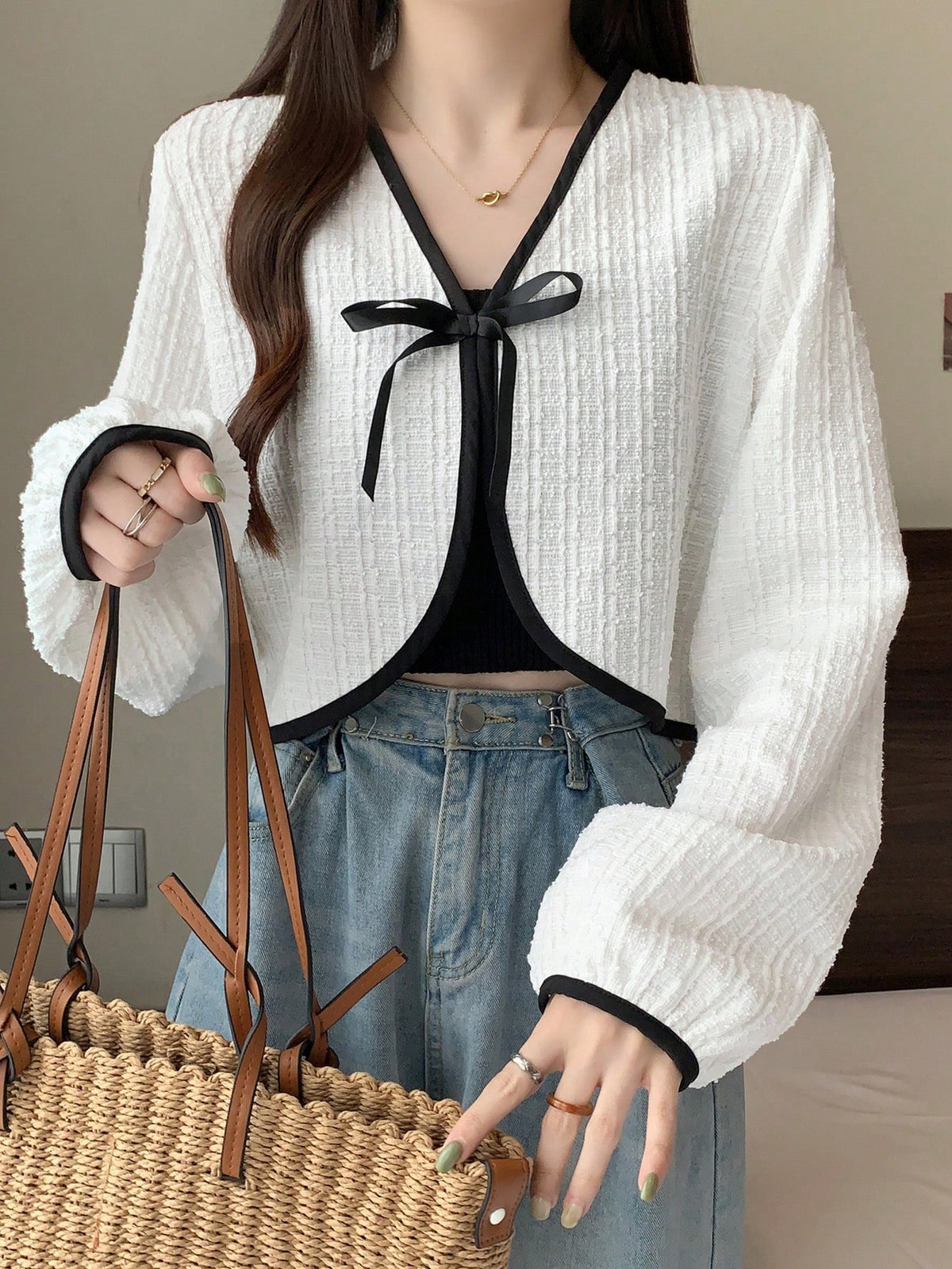 Contrast Binding Tie Front Crop Jacket