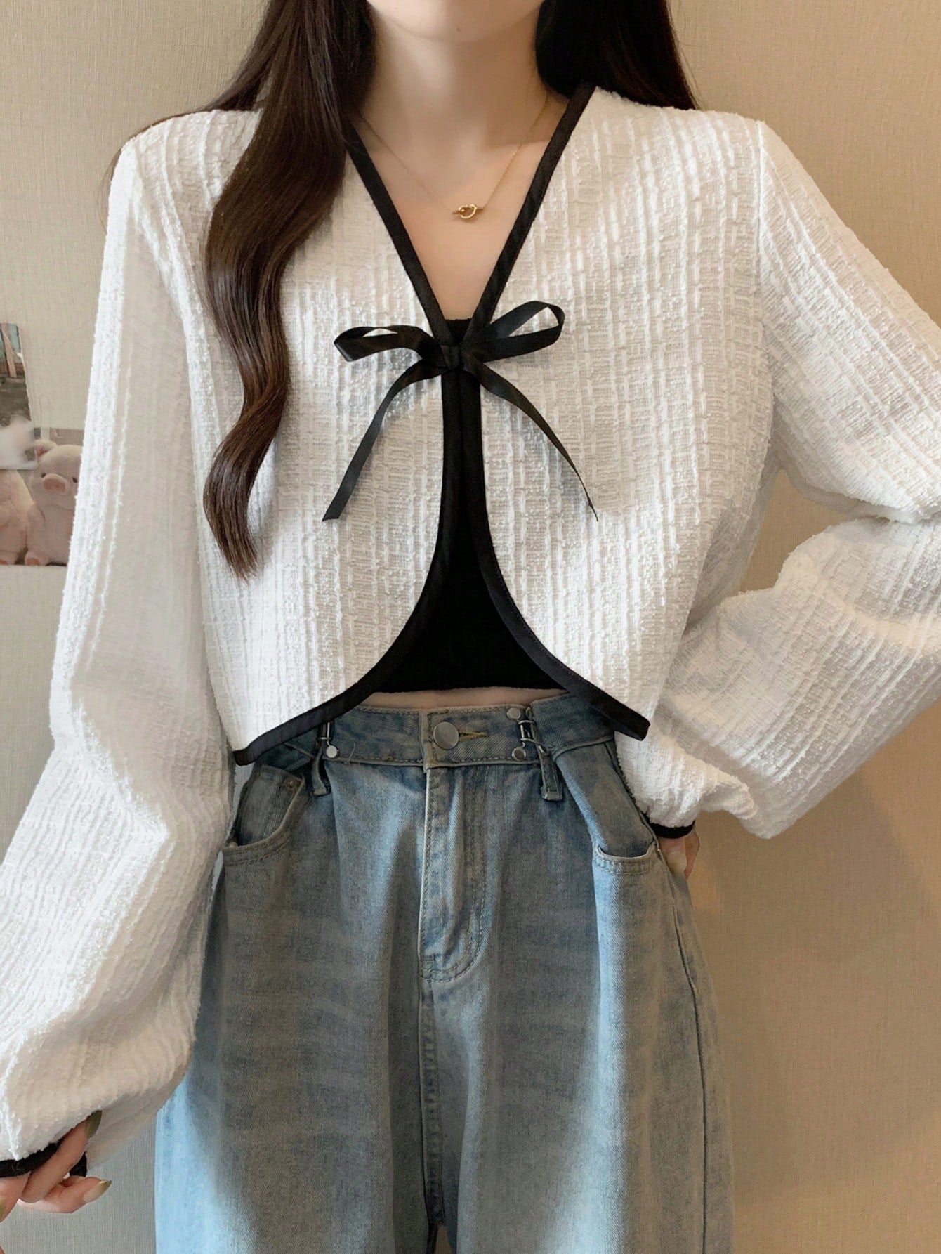 Contrast Binding Tie Front Crop Jacket