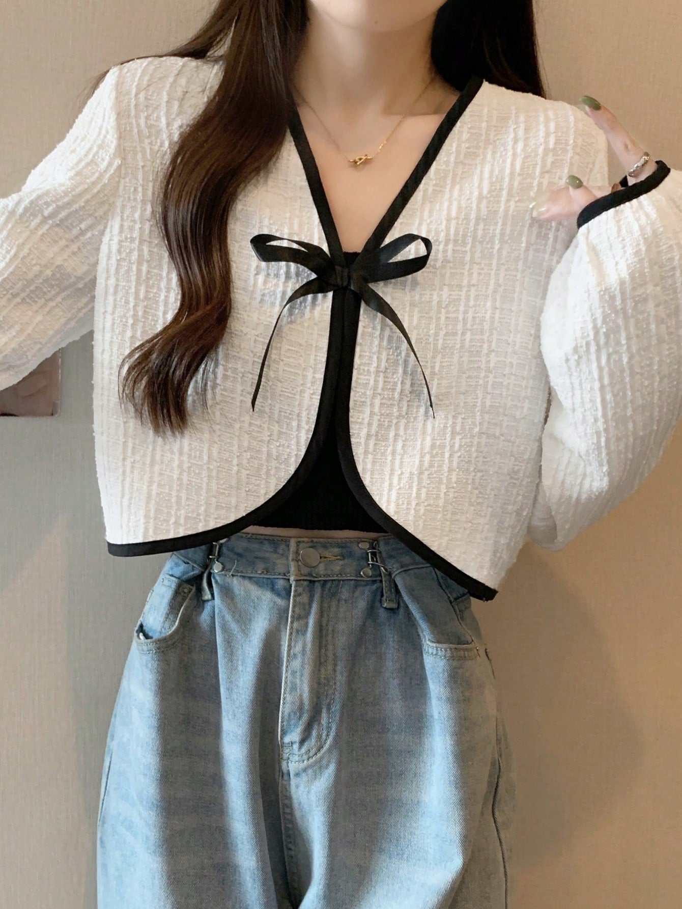 Contrast Binding Tie Front Crop Jacket