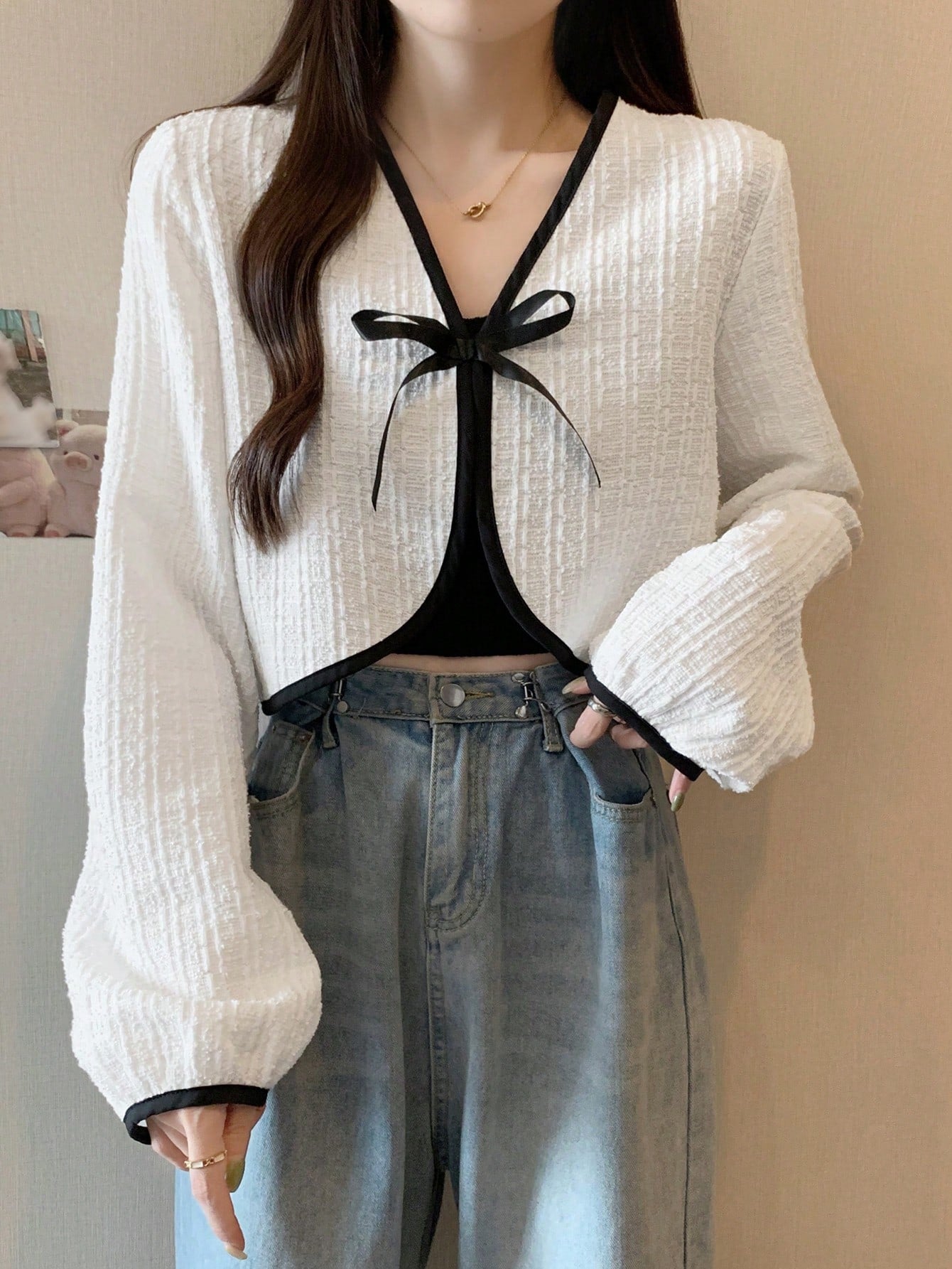 Contrast Binding Tie Front Crop Jacket