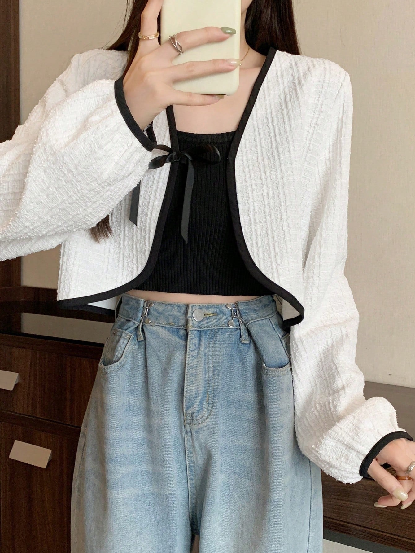 Contrast Binding Tie Front Crop Jacket
