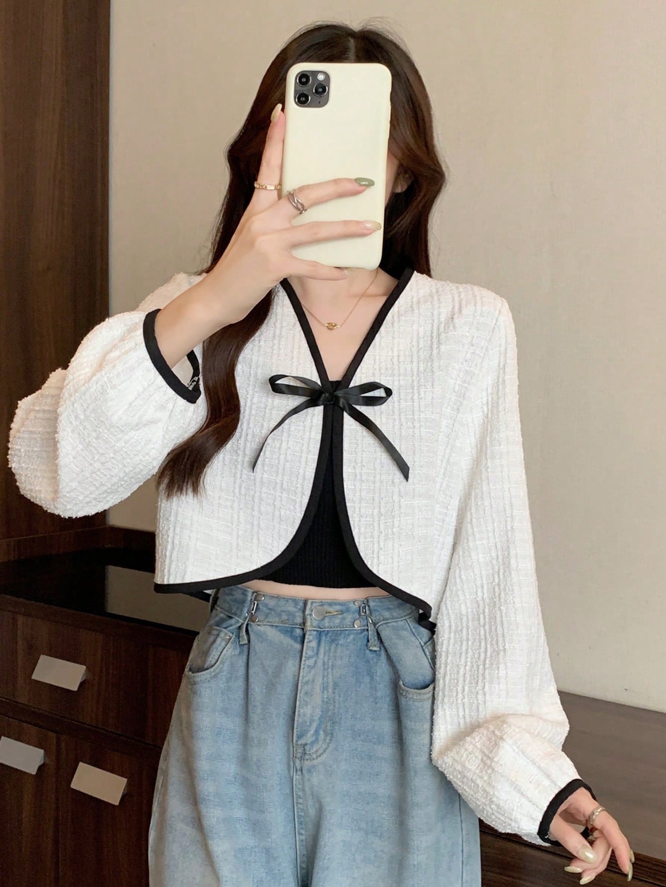 Contrast Binding Tie Front Crop Jacket