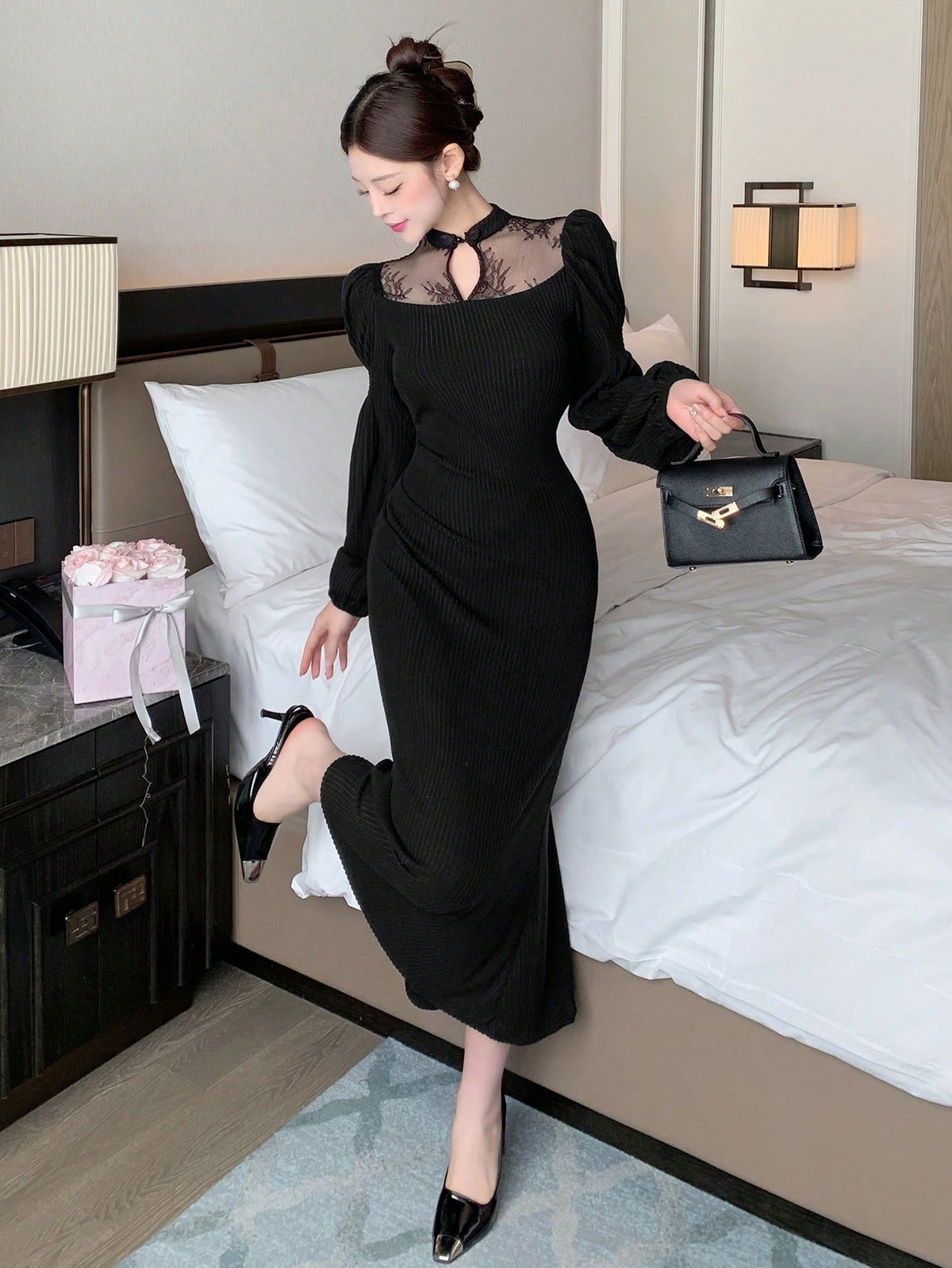 Shein DAZY Contrast Lace Stand Collar Mid-Long Dress