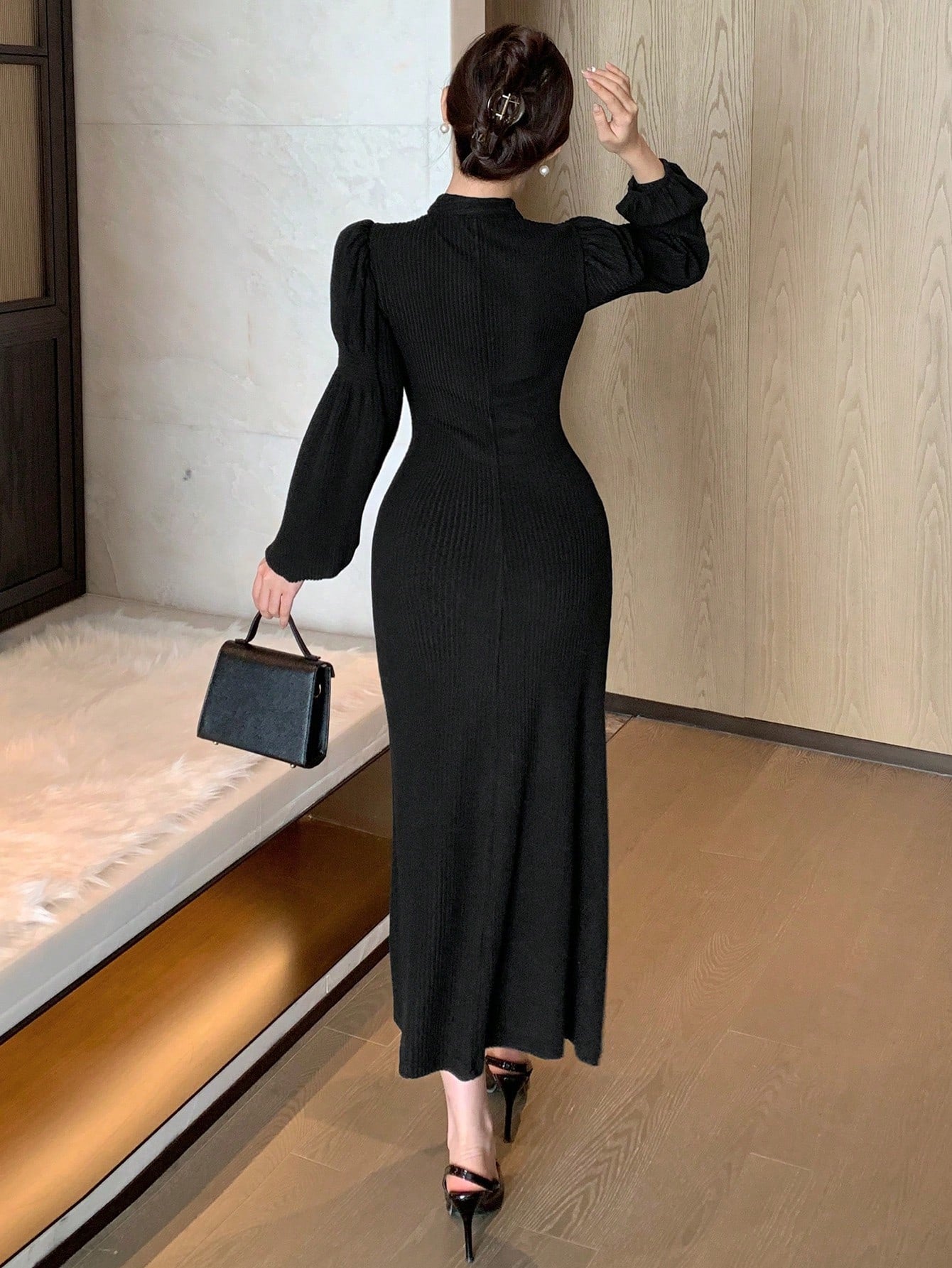 Shein DAZY Contrast Lace Stand Collar Mid-Long Dress
