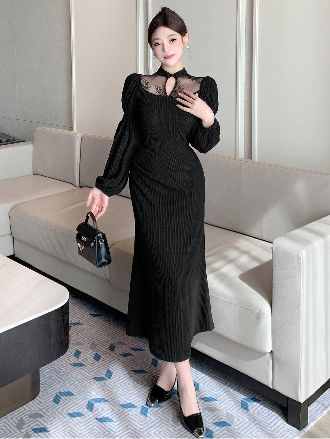Shein DAZY Contrast Lace Stand Collar Mid-Long Dress