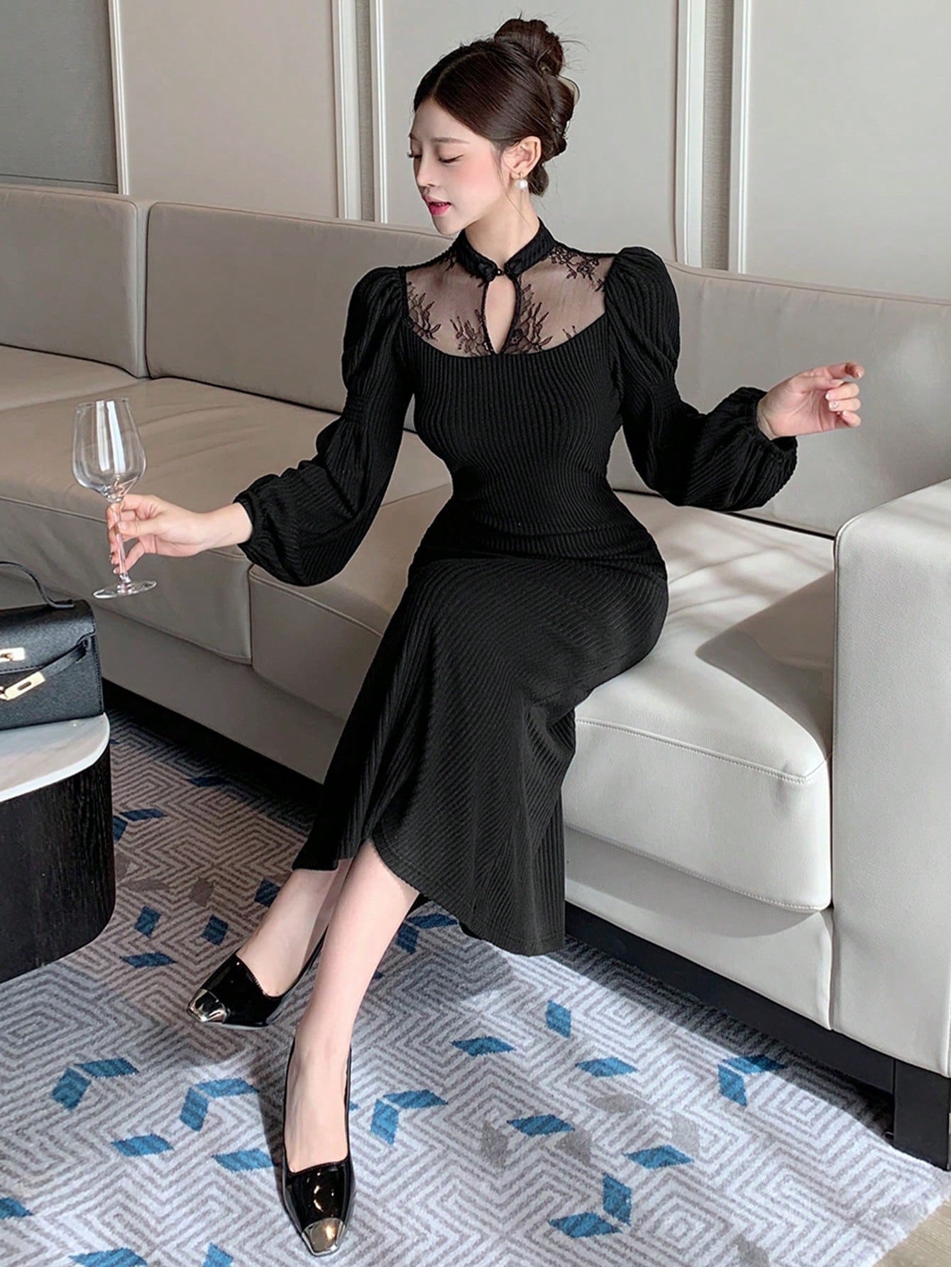 Shein DAZY Contrast Lace Stand Collar Mid-Long Dress