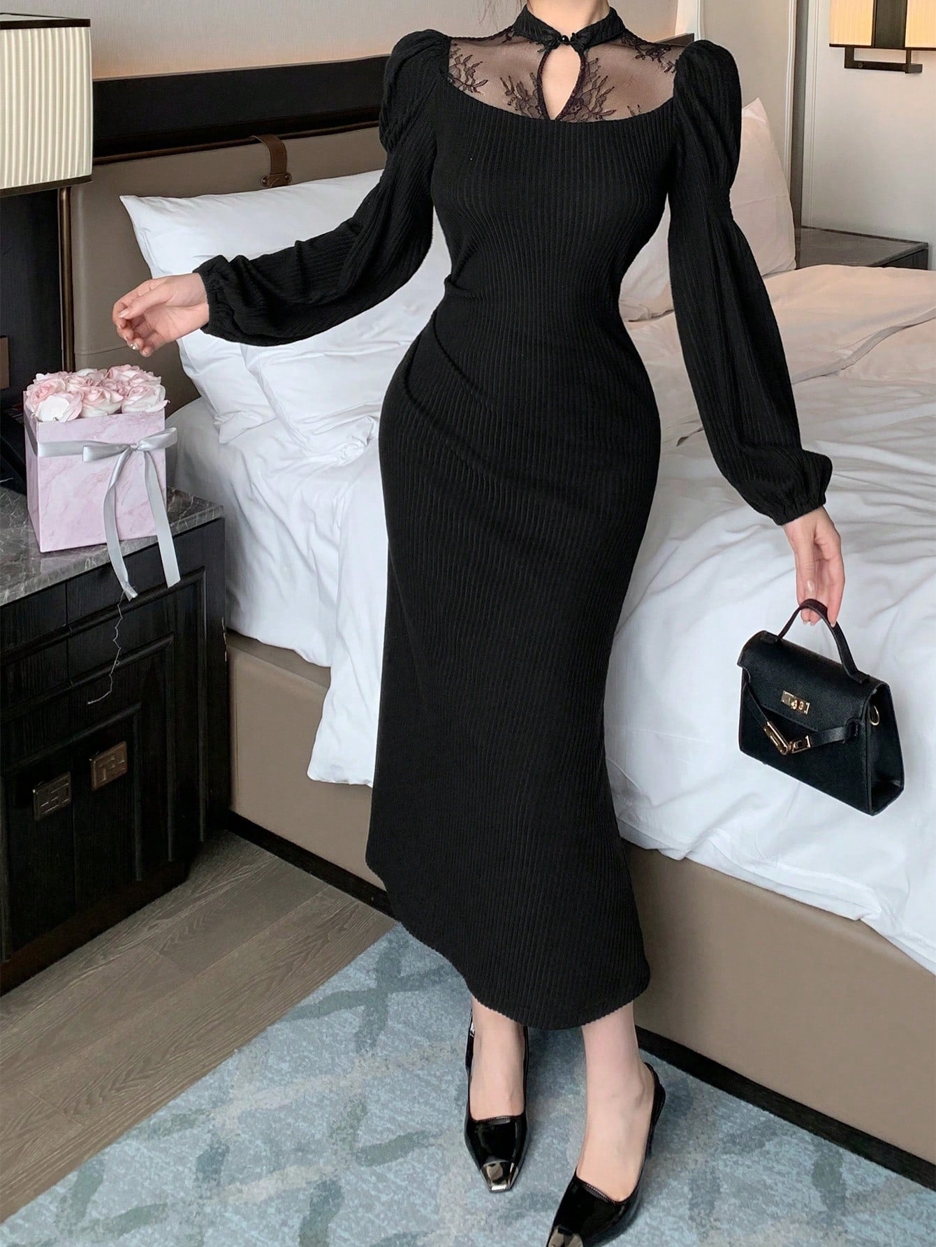 Shein DAZY Contrast Lace Stand Collar Mid-Long Dress