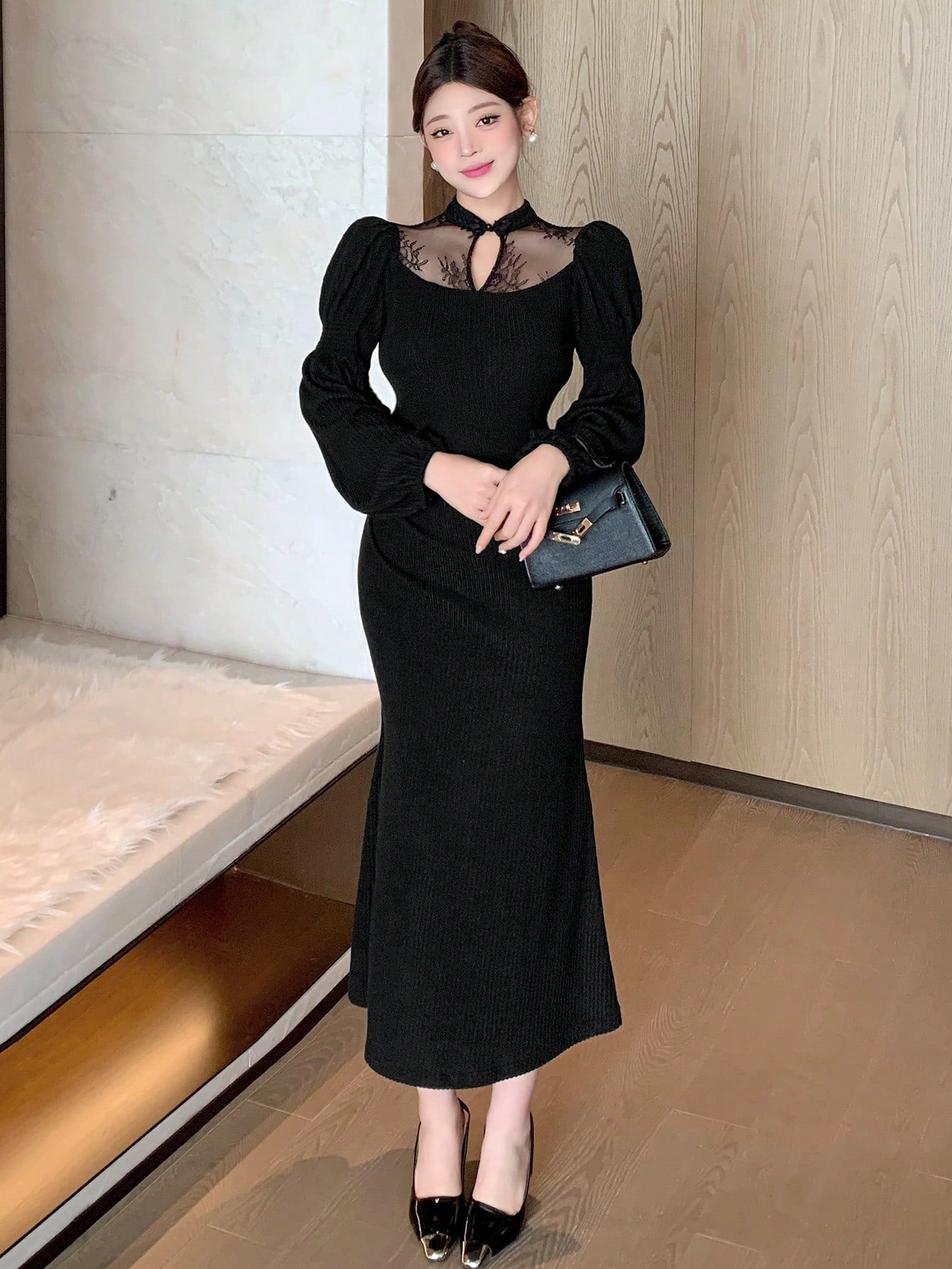 Shein DAZY Contrast Lace Stand Collar Mid-Long Dress