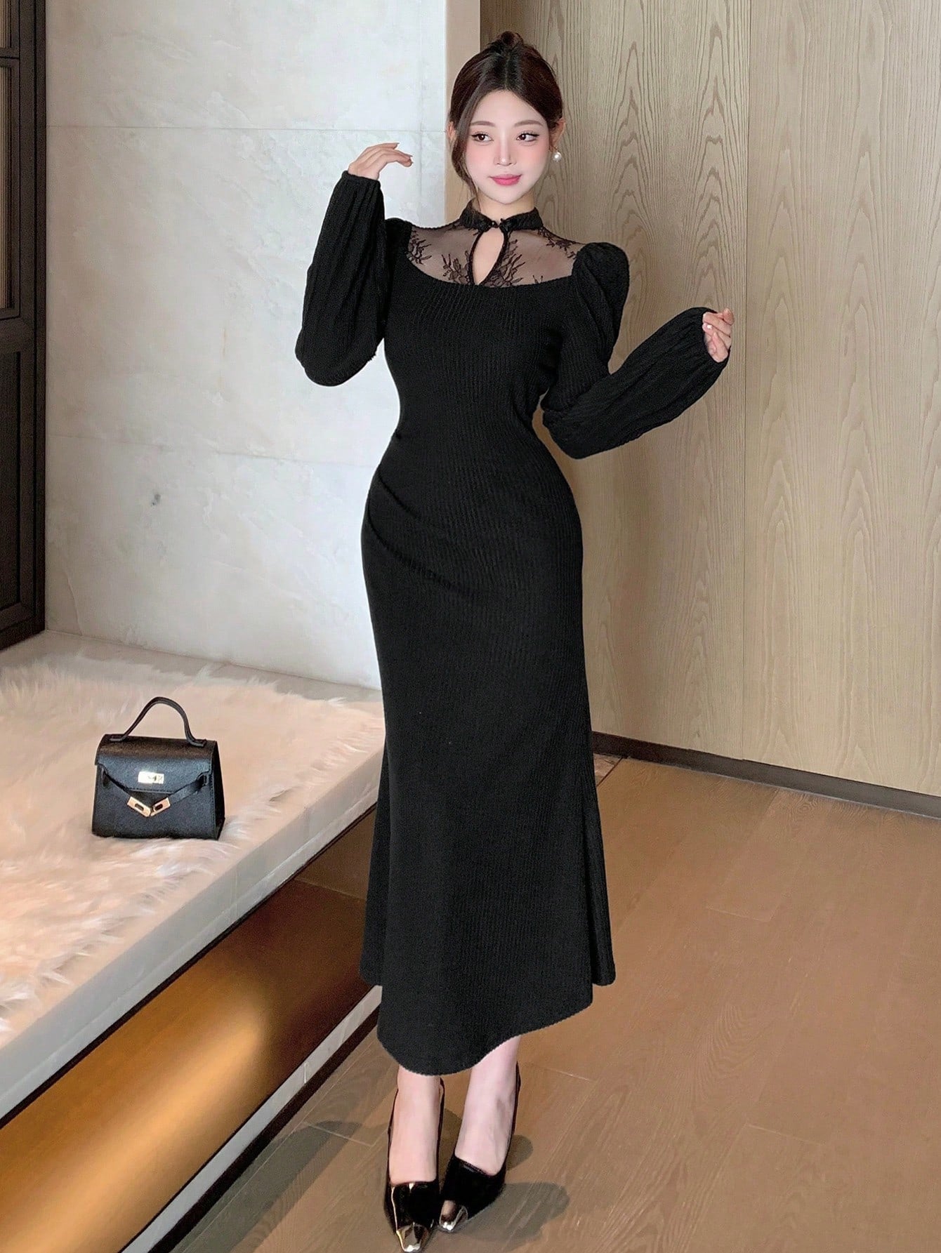 Shein DAZY Contrast Lace Stand Collar Mid-Long Dress
