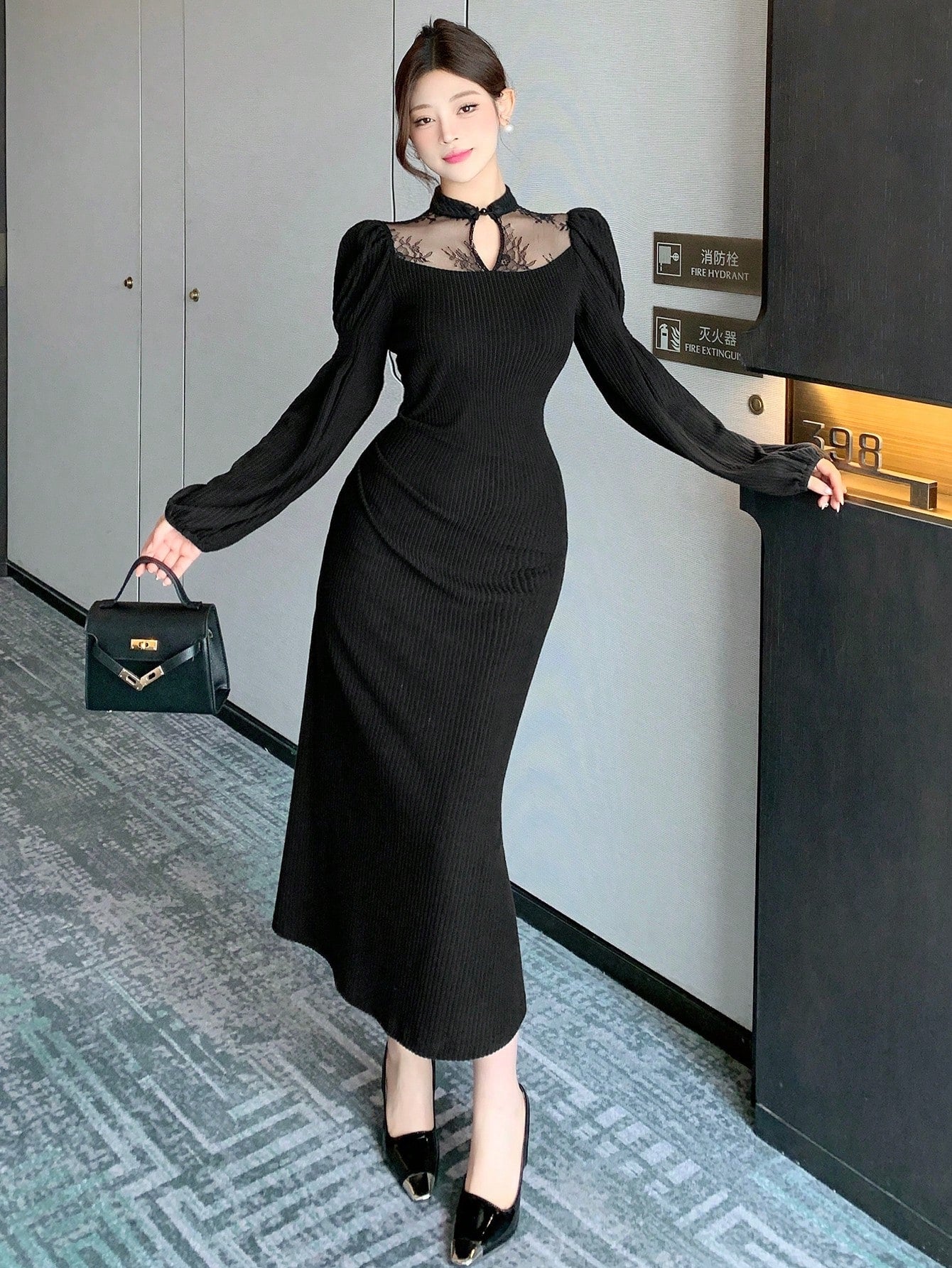 Shein DAZY Contrast Lace Stand Collar Mid-Long Dress