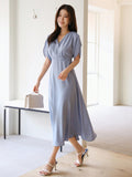 Shein DAZY Elegant Summer Solid Color Short Sleeve Waist Pleated Ladies Long Dress