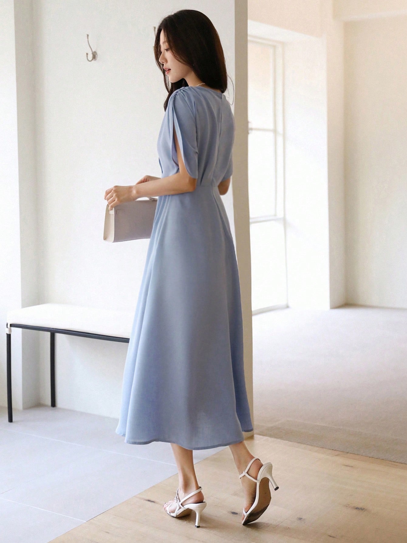 Shein DAZY Elegant Summer Solid Color Short Sleeve Waist Pleated Ladies Long Dress