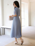 Shein DAZY Elegant Summer Solid Color Short Sleeve Waist Pleated Ladies Long Dress