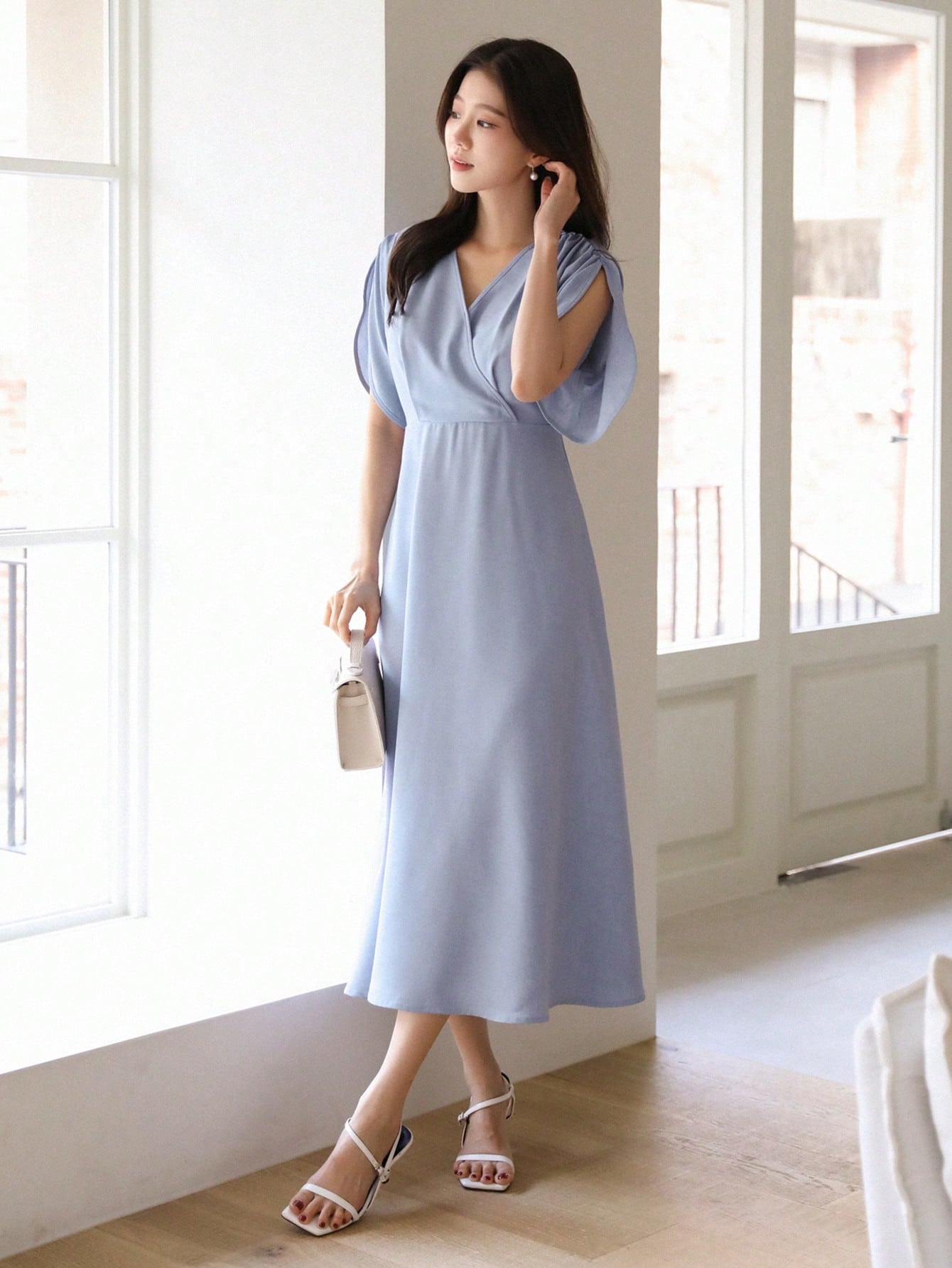 Shein DAZY Elegant Summer Solid Color Short Sleeve Waist Pleated Ladies Long Dress
