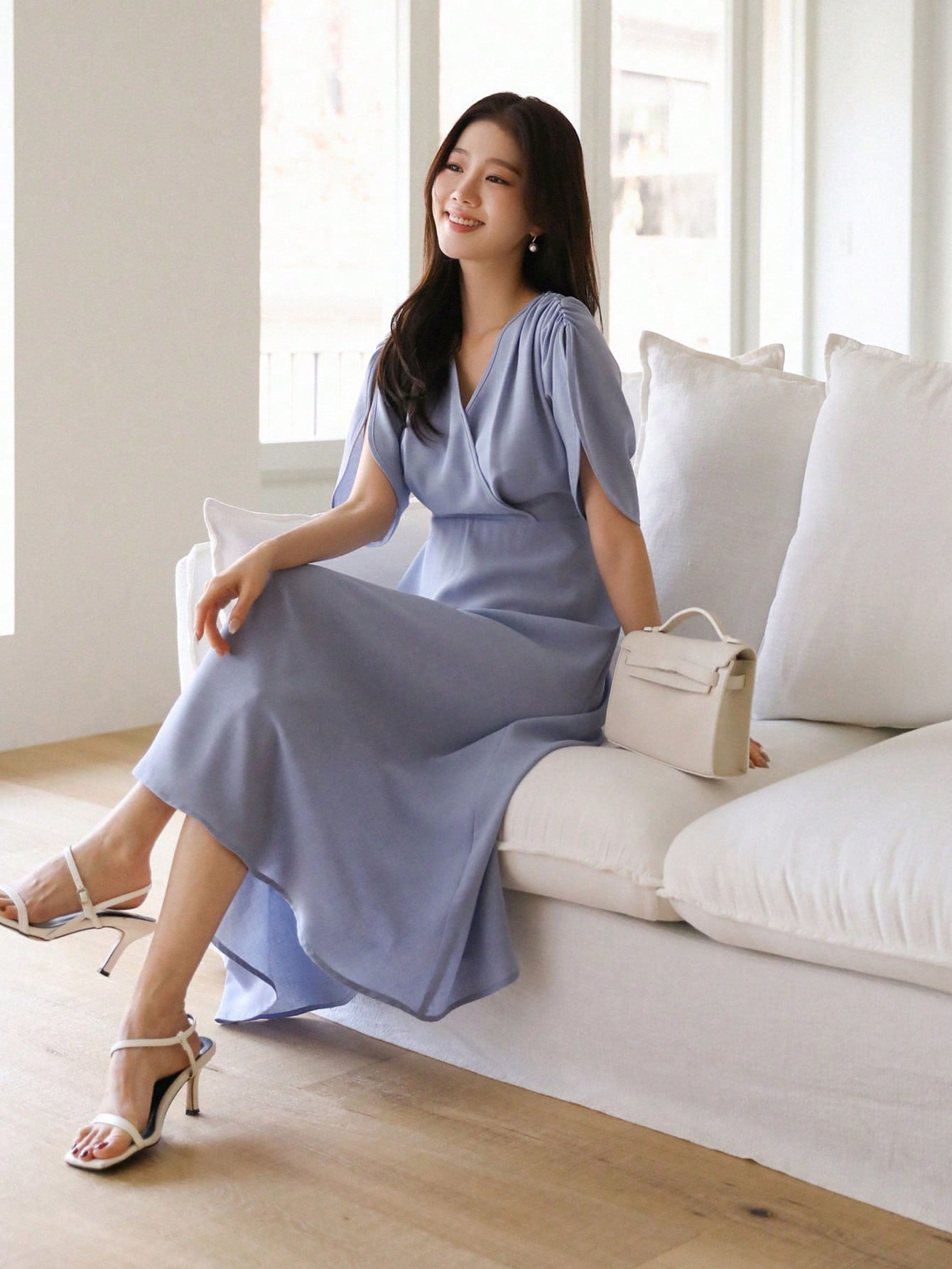 Shein DAZY Elegant Summer Solid Color Short Sleeve Waist Pleated Ladies Long Dress