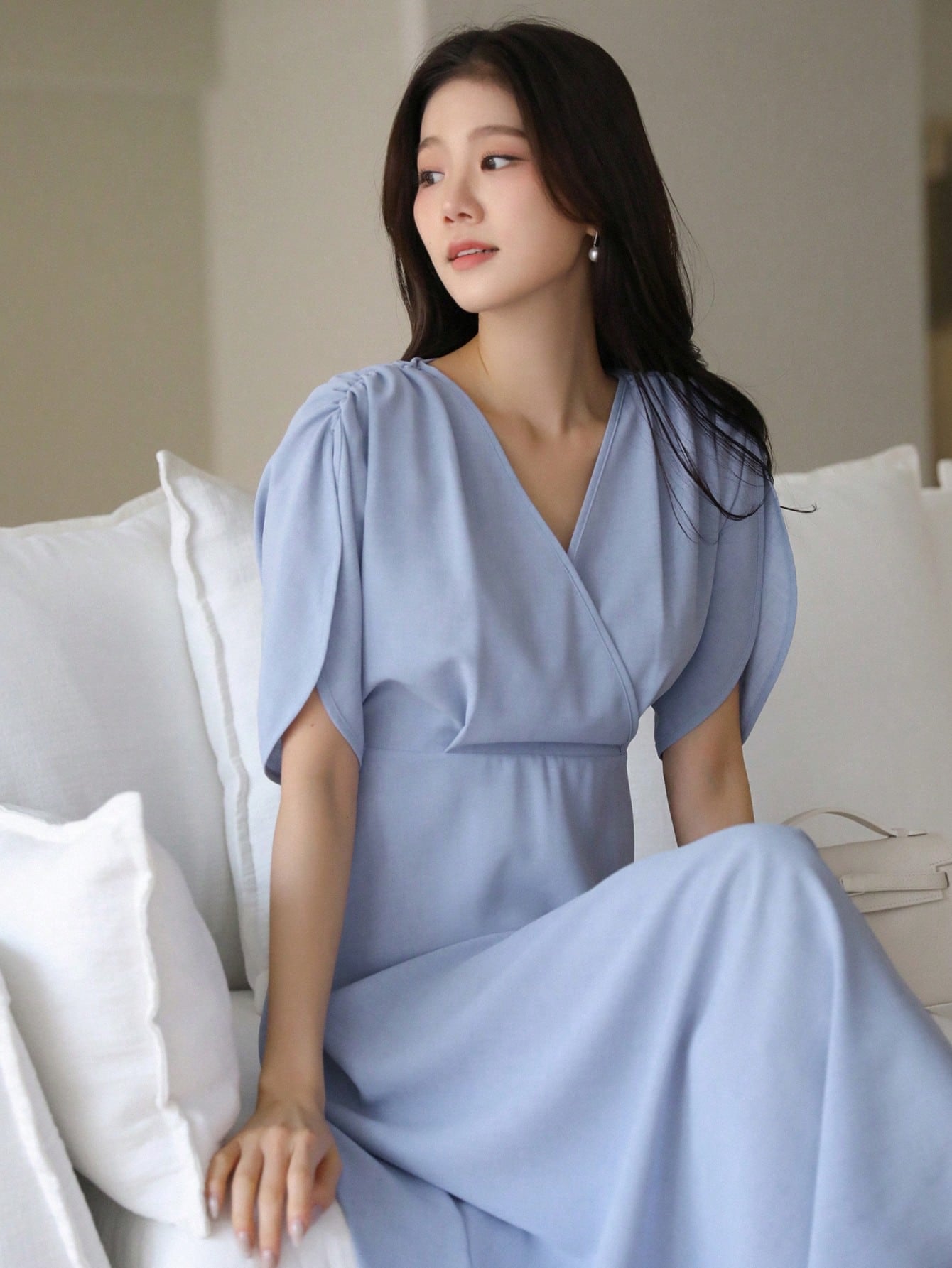 Shein DAZY Elegant Summer Solid Color Short Sleeve Waist Pleated Ladies Long Dress