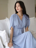 Shein DAZY Elegant Summer Solid Color Short Sleeve Waist Pleated Ladies Long Dress