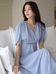 Shein DAZY Elegant Summer Solid Color Short Sleeve Waist Pleated Ladies Long Dress