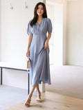 Shein DAZY Elegant Summer Solid Color Short Sleeve Waist Pleated Ladies Long Dress