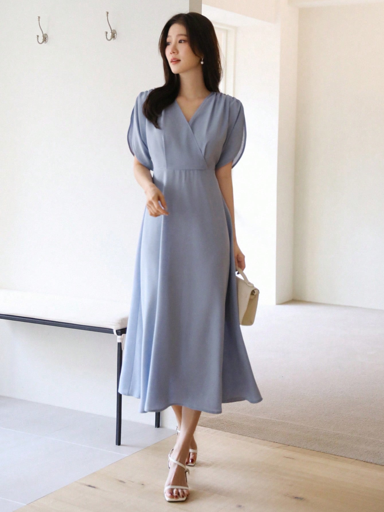Shein DAZY Elegant Summer Solid Color Short Sleeve Waist Pleated Ladies Long Dress