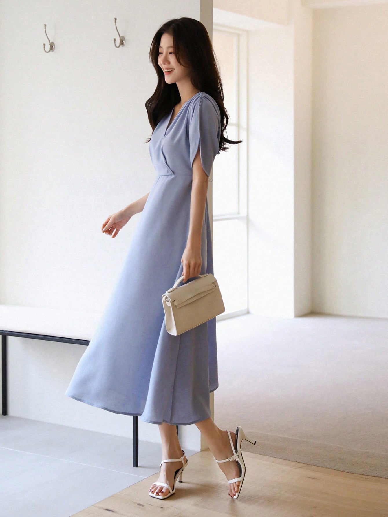 Shein DAZY Elegant Summer Solid Color Short Sleeve Waist Pleated Ladies Long Dress