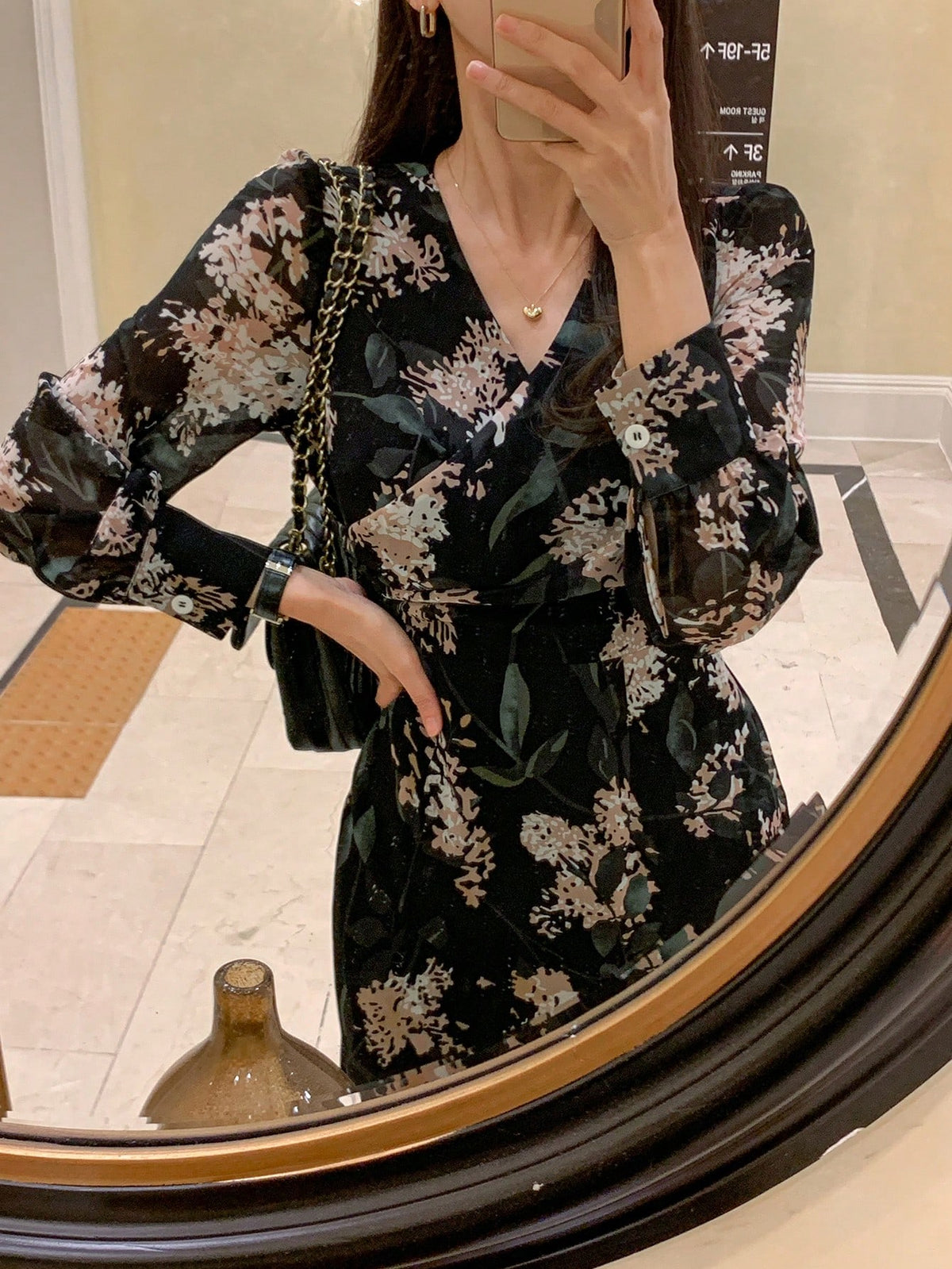 Shein DAZY French Retro V-Neck Chiffon Cinched Waist Waist Luxurious Style Women Long Dress Floral