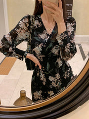 Shein DAZY French Retro V-Neck Chiffon Cinched Waist Waist Luxurious Style Women Long Dress Floral