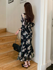 Shein DAZY French Retro V-Neck Chiffon Cinched Waist Waist Luxurious Style Women Long Dress Floral