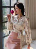 Shein DAZY Floral Print V-Neck Wrap Tie Front Cropped Long Sleeve Shirt