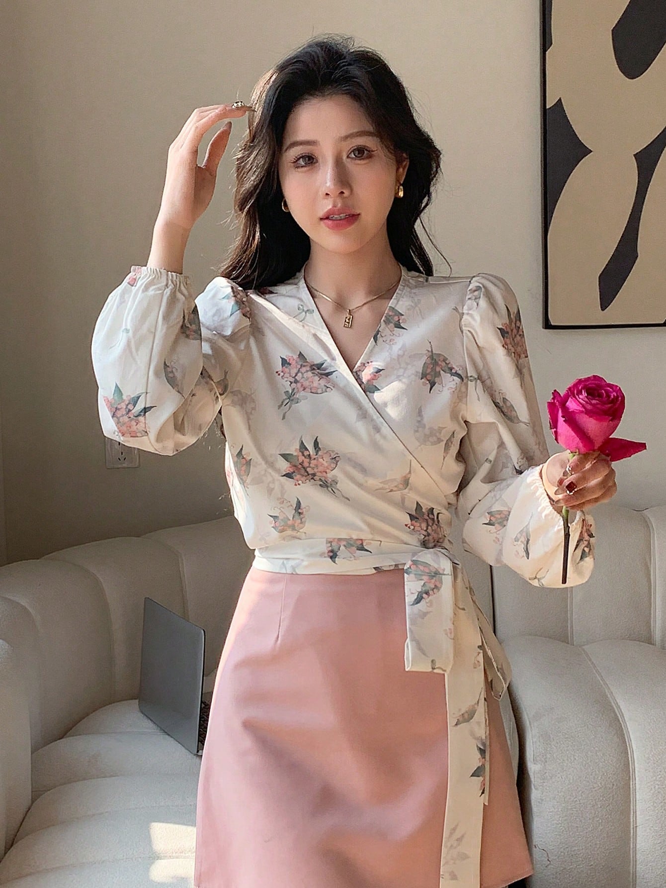 Shein DAZY Floral Print V-Neck Wrap Tie Front Cropped Long Sleeve Shirt