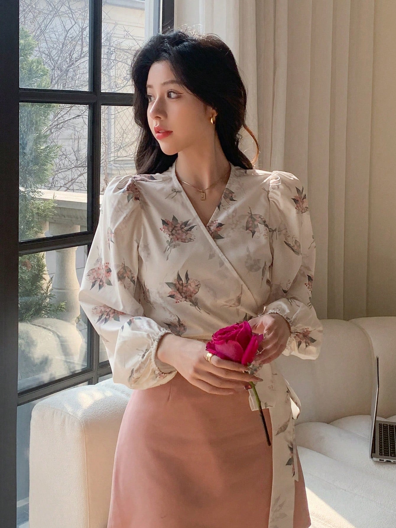 Shein DAZY Floral Print V-Neck Wrap Tie Front Cropped Long Sleeve Shirt