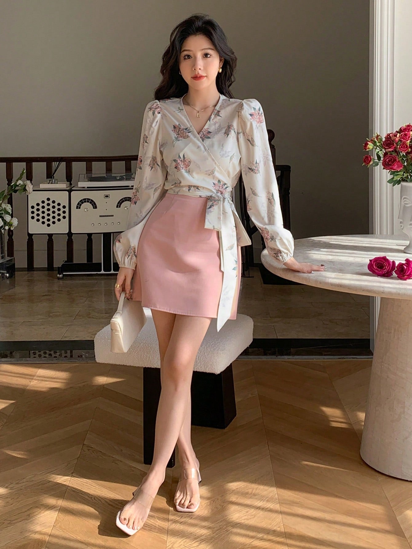 Shein DAZY Floral Print V-Neck Wrap Tie Front Cropped Long Sleeve Shirt