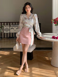Shein DAZY Floral Print V-Neck Wrap Tie Front Cropped Long Sleeve Shirt