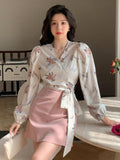 Shein DAZY Floral Print V-Neck Wrap Tie Front Cropped Long Sleeve Shirt