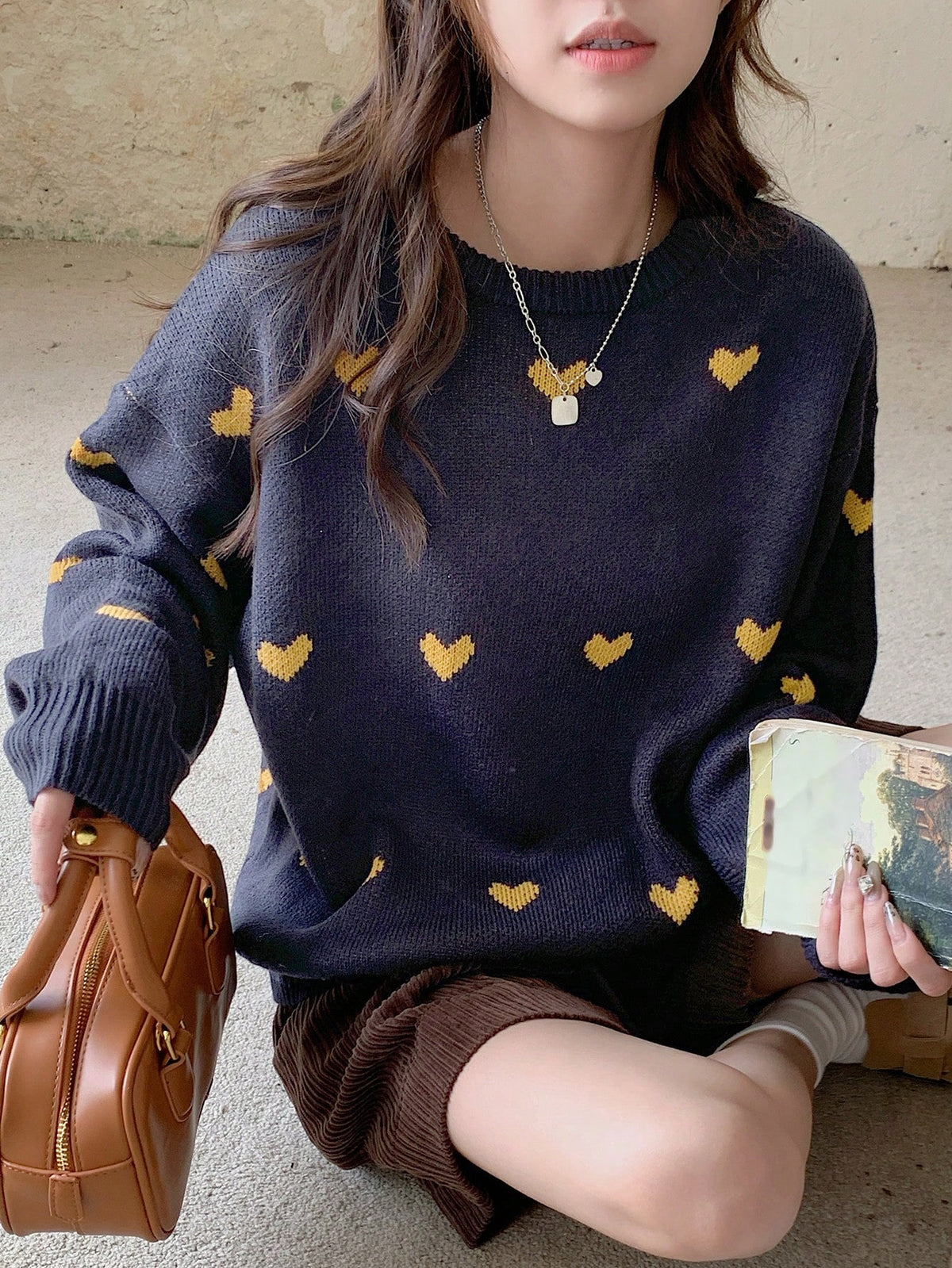 Shein DAZY Heart Flowers Intarsia Pattern Loose Round Neck Women Sweater