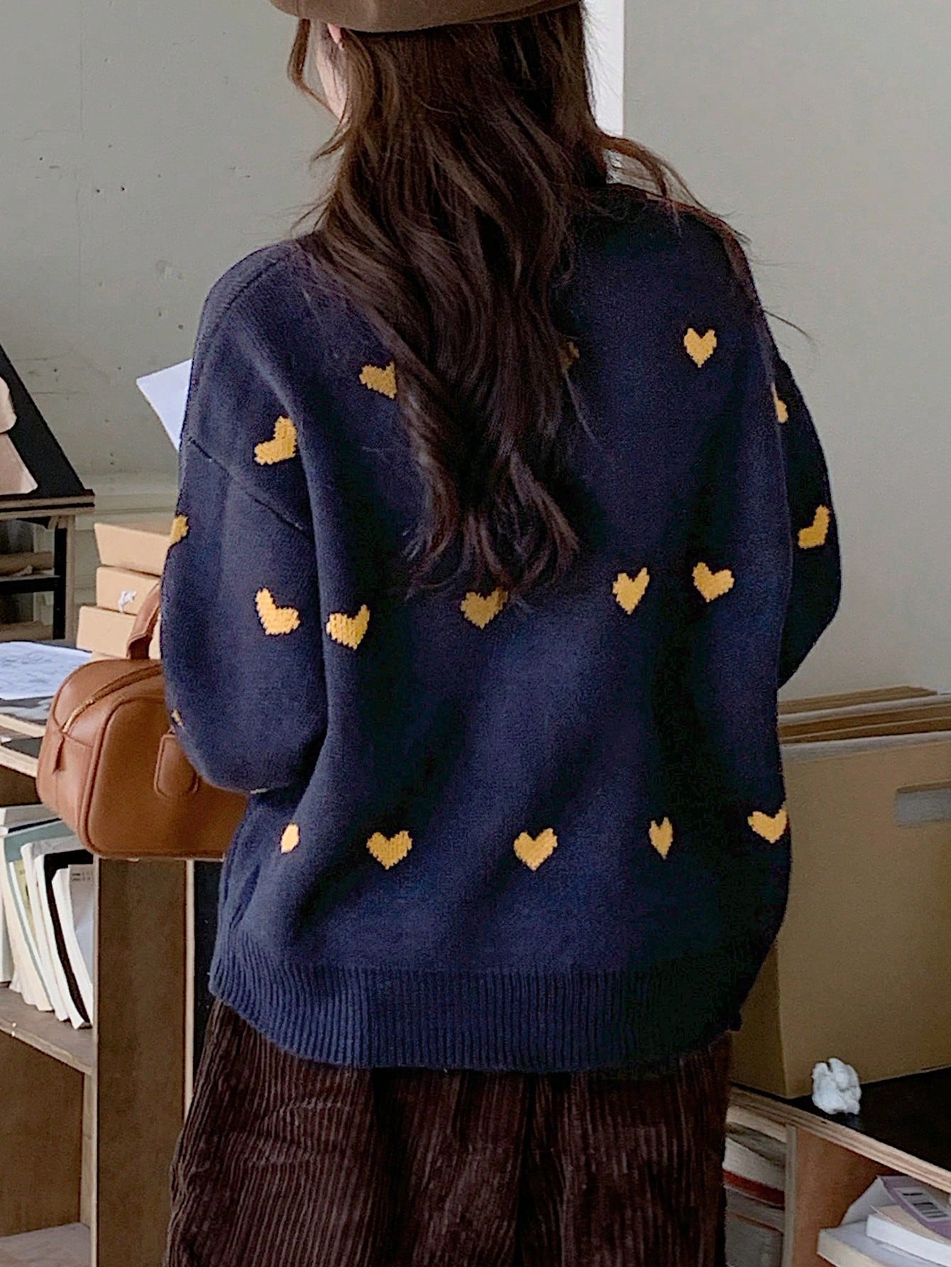 Shein DAZY Heart Flowers Intarsia Pattern Loose Round Neck Women Sweater