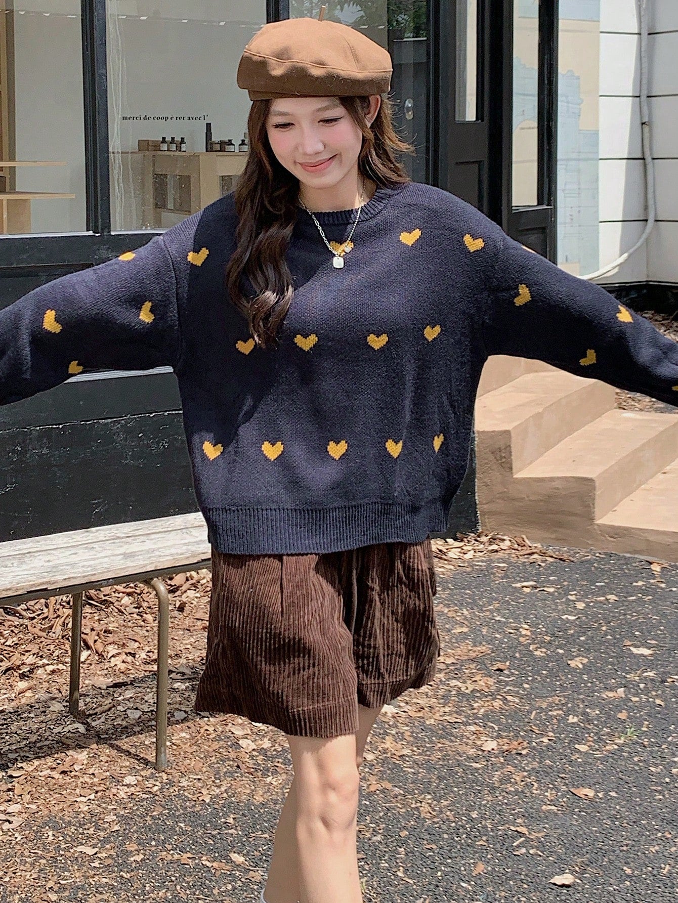 Shein DAZY Heart Flowers Intarsia Pattern Loose Round Neck Women Sweater