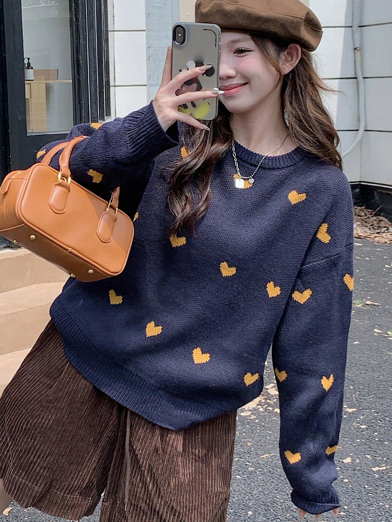 Shein DAZY Heart Flowers Intarsia Pattern Loose Round Neck Women Sweater