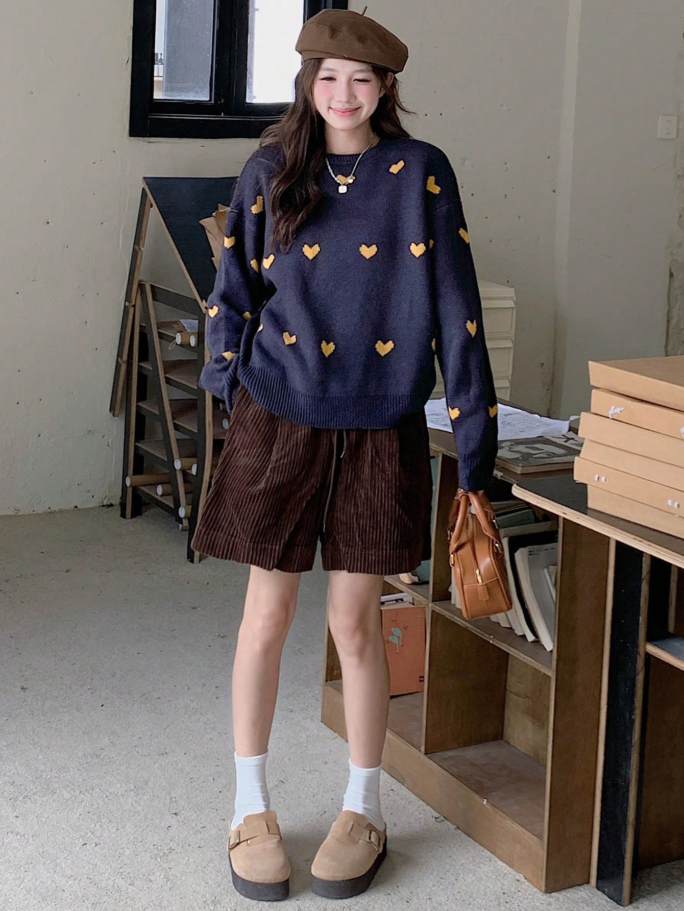 Shein DAZY Heart Flowers Intarsia Pattern Loose Round Neck Women Sweater