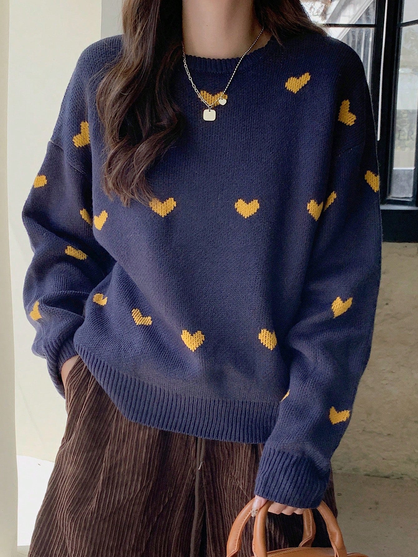 Shein DAZY Heart Flowers Intarsia Pattern Loose Round Neck Women Sweater
