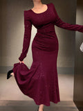 Shein DAZY Round Neck Sequin Fishtail Mid-Length Burgundy Party Dress