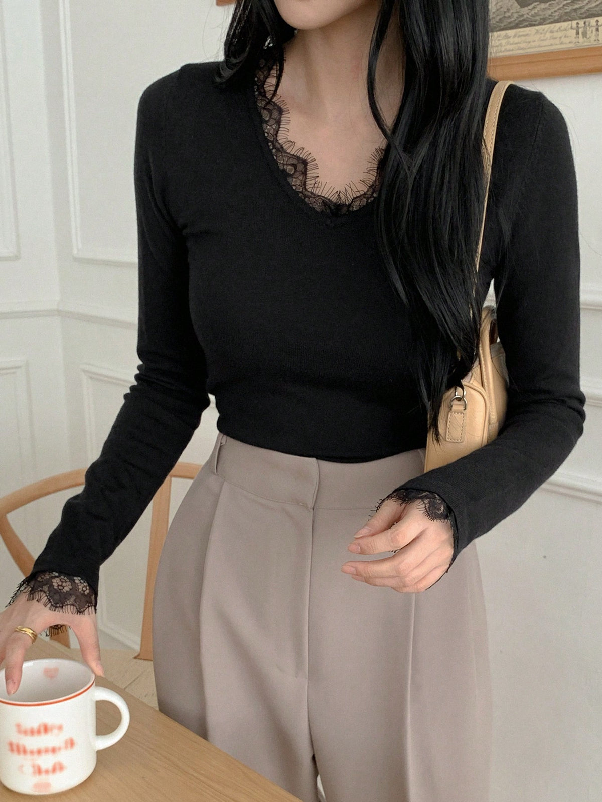 Shein DAZY Solid Color Contrast Lace Trim V-Neck Slim Fit Women's Sweater