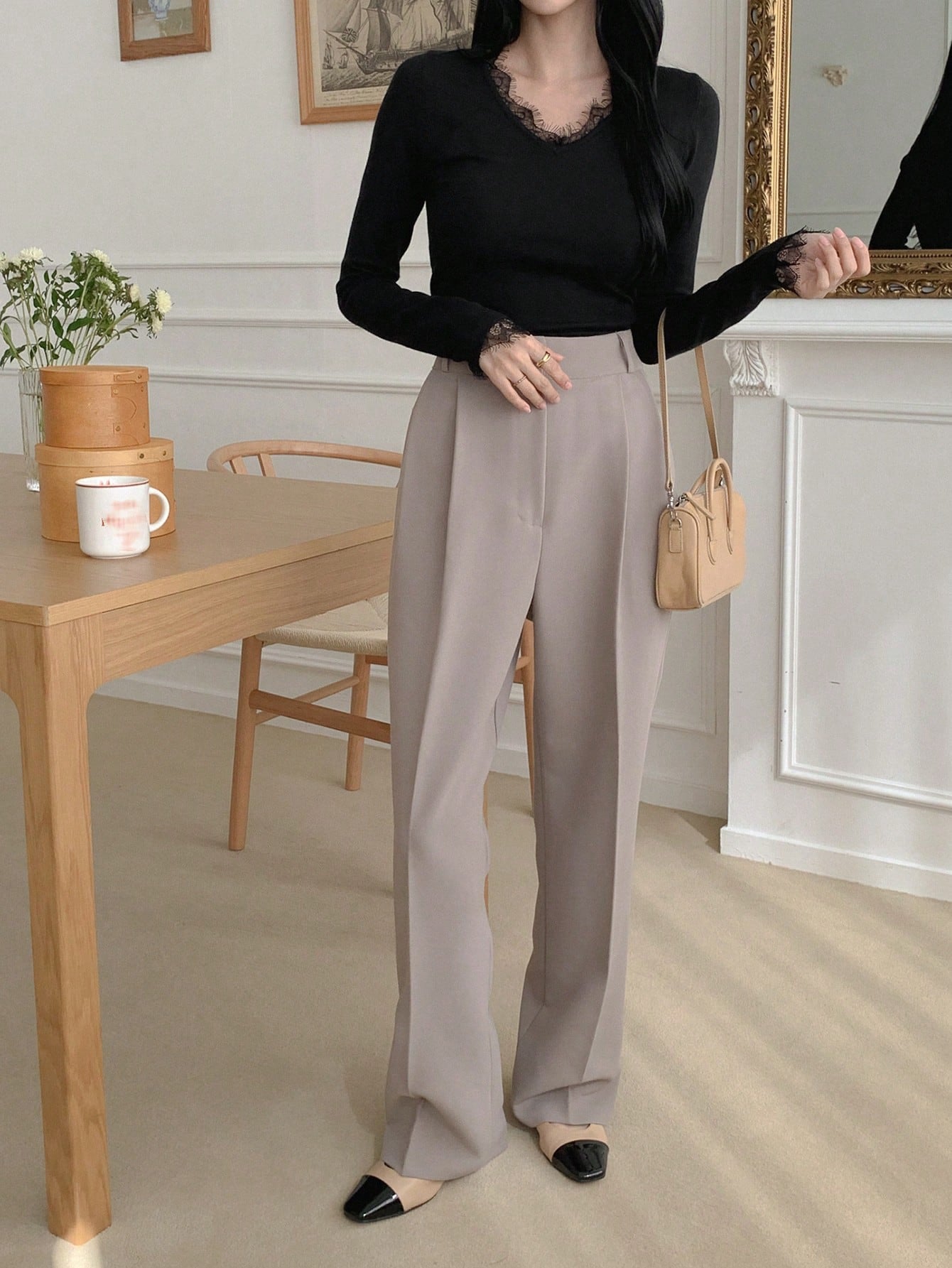 Shein DAZY Solid Color Contrast Lace Trim V-Neck Slim Fit Women's Sweater