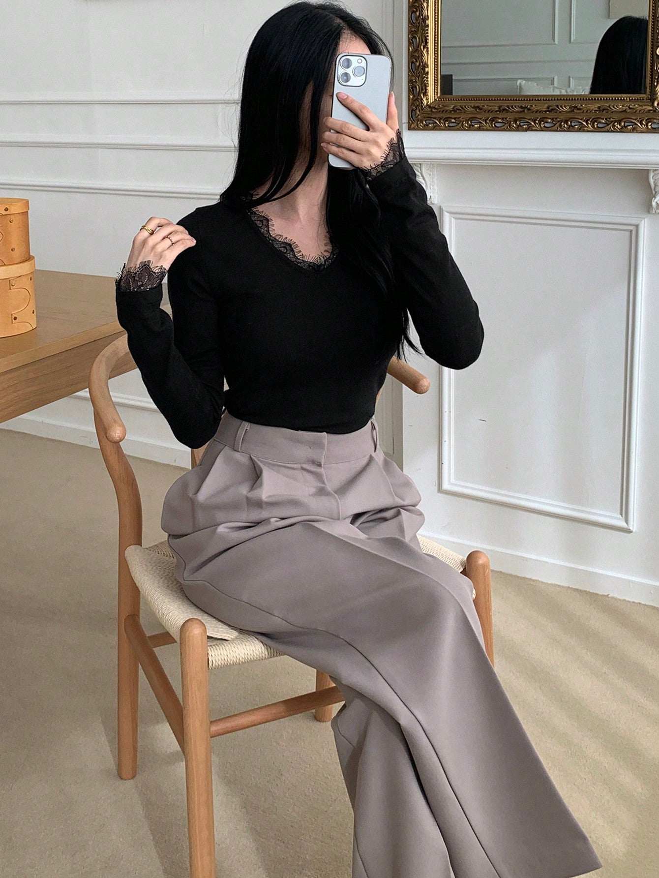 Shein DAZY Solid Color Contrast Lace Trim V-Neck Slim Fit Women's Sweater