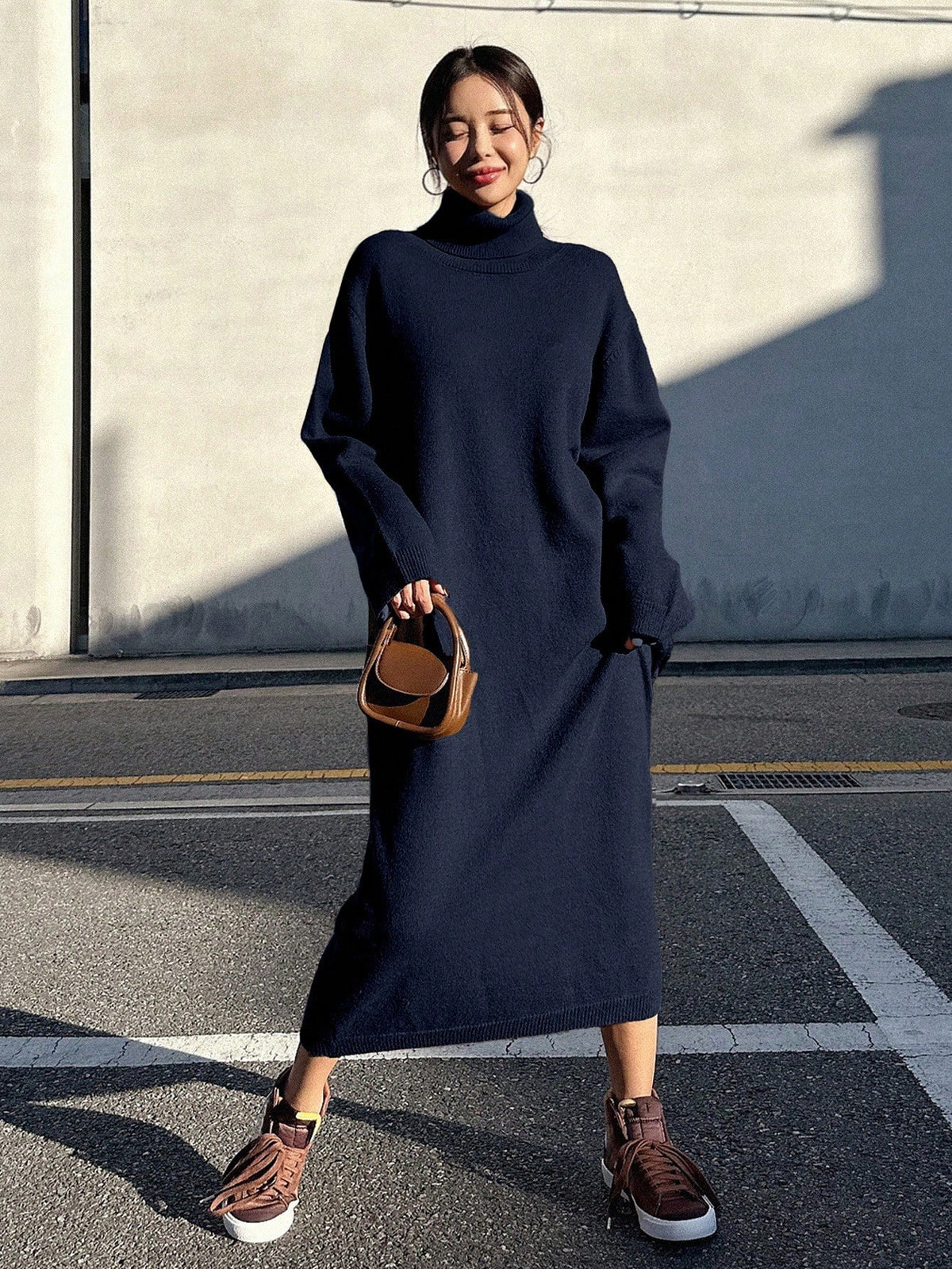 Loose Fitting Turtleneck Dolman Sleeve Sweater Dress