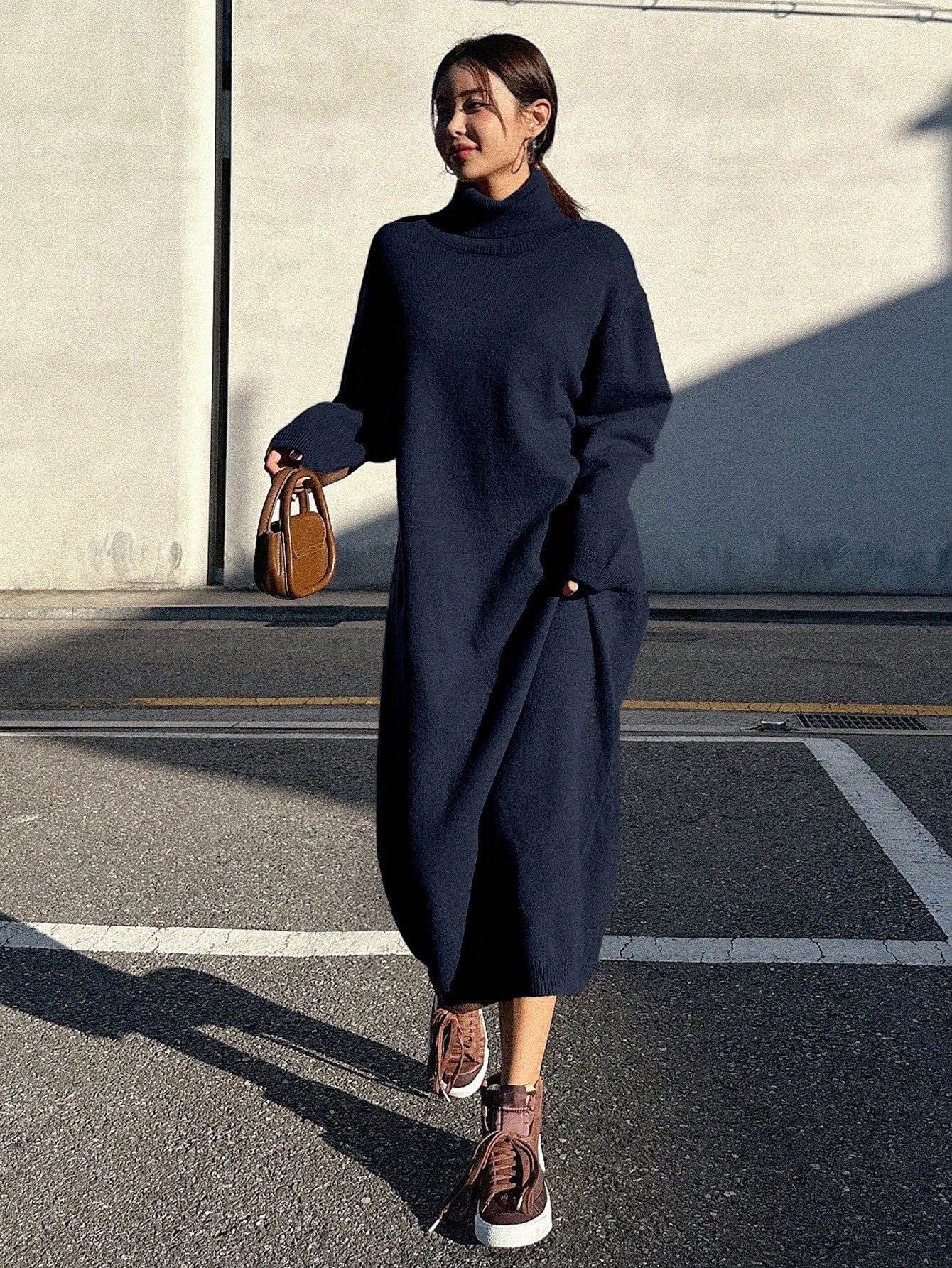 Loose Fitting Turtleneck Dolman Sleeve Sweater Dress