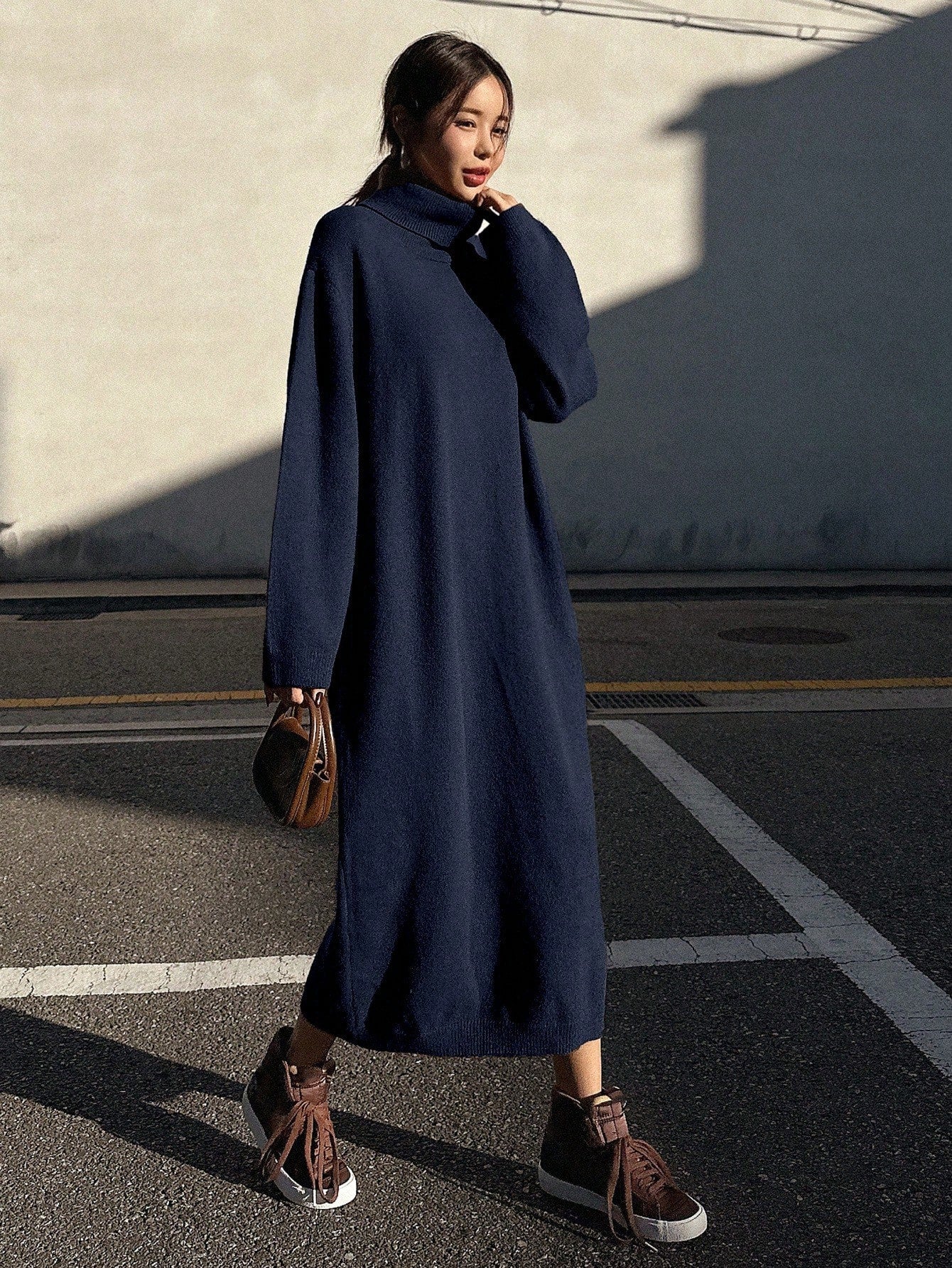 Loose Fitting Turtleneck Dolman Sleeve Sweater Dress